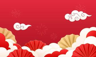 Chinese style red celebrates the New Year with red fans and white clouds in the background vector
