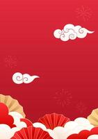 Chinese style red celebrates poster the New Year with red fans and white clouds in the background vector