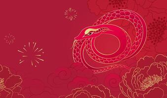 Chinese New Year illustration of the Year of the Snake Red snake between peony flowers and clouds vector