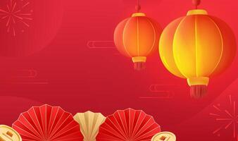Chinese style red celebrates the New Year with fans and red lanterns in the background vector