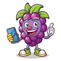 a clown purple grape character holding a phone vector