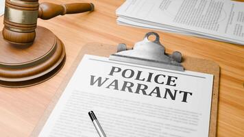 Wooden Lawyer Desk with Highlighted Word 'POLICE WARRANT' on Clipboards Documents on Table. Judge's Wooden Gavel Knocking and Court Making Decision on 'POLICE WARRANT' in Courtroom. video