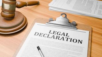 Wooden Lawyer Desk with Highlighted Word 'LEGAL DECLARATION' on Clipboards Documents on Table. Judge's Wooden Gavel Knocking and Court Making Decision on 'LEGAL DECLARATION' in Courtroom. video