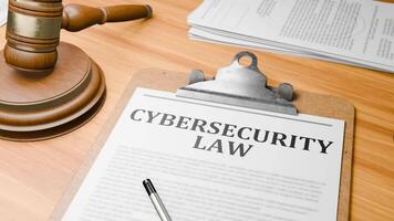 Wooden Lawyer Desk with Highlighted Word 'CYBERSECURITY LAW' on Clipboards Documents on Table. Judge's Wooden Gavel Knocking and Court Making Decision on 'CYBERSECURITY LAW' in Courtroom. video