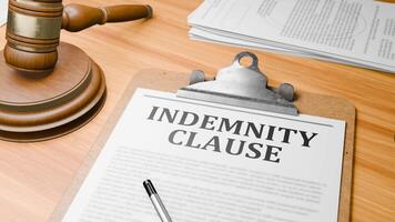 Wooden Lawyer Desk with Highlighted Word 'INDEMNITY CLAUSE' on Clipboards Documents on Table. Judge's Wooden Gavel Knocking and Court Making Decision on 'INDEMNITY CLAUSE' in Courtroom. video