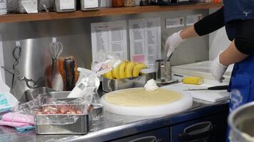 pov to counter area while chef making fresh crape in japanese style in cozy cafe video