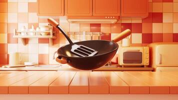 Loop animation of cookware in the kitchen room with cartoon style, 3d rendering. video