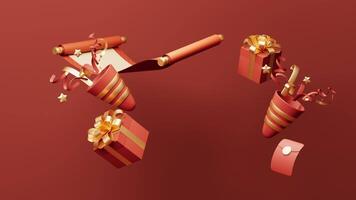 Chinese ancient red reel banner and festive elements, 3d rendering. video