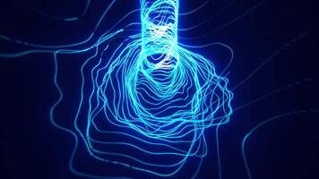 Dynamic blue neon light trails forming wave-like tunnel patterns in a dark digital space, representing motion and futuristic design video