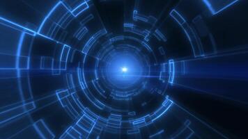 Blue digital tunnel with concentric lines and central light source, creating a sense of depth, movement, and futuristic design in a tech-inspired setting background video