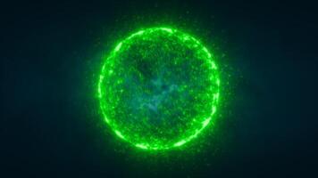 Luminous green sphere with intricate texture, resembling a pulsating energy source or star in deep space on a dark background video