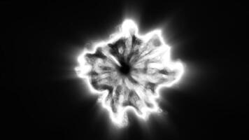 A monochromatic abstract burst of light resembling a nebula or energy sphere flare radiating white light against a dark background video