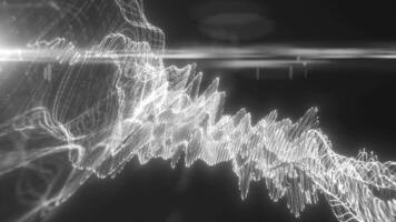 Monochromatic glowing waveforms in white tones on a black background, representing light, sound waves, and data flow in a minimalist style video