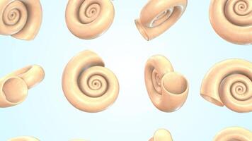 Set of Shells Falling on a Light Blue Background. Snail Shells 3D Animation. 4K video