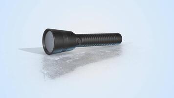 3D Flashlight on a Light Reflective Floor. Black Textured Torch Animation. 4K video