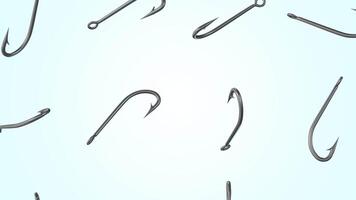 Fishing Hooks Falling on a Light Background. Fishhooks 3D Animation. 4K video