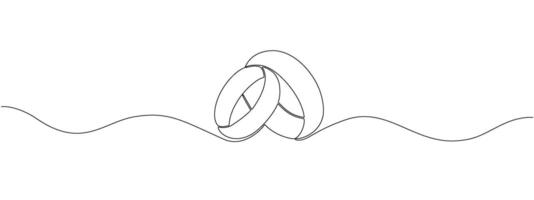 Drawing one continuous line of engagement rings. Symbol of love, engagement, marriage. Romantic template for invitations and cards in simple linear style. editable illustration. vector