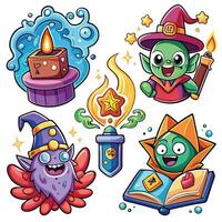 cartoon characters with different objects and spells vector