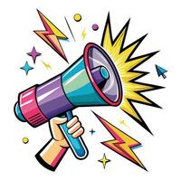 a hand holding a megaphone with colorful lightning vector