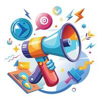 a colorful megaphone with various icons and symbols vector