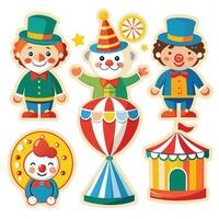a set of cartoon circus characters with clowns, clowns, and a circus tent vector