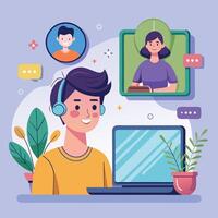 a man and woman are sitting at a computer with a laptop and a phone vector