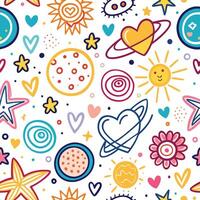 a colorful pattern with stars, planets and hearts vector