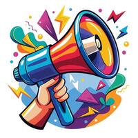 a hand holding a megaphone with colorful background vector