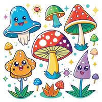 cartoon mushrooms and other plants in a field vector