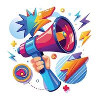 a hand holding a megaphone with colorful lightning vector