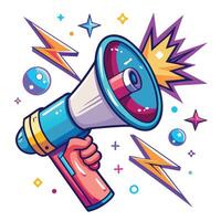 a hand holding a megaphone with colorful lightning vector