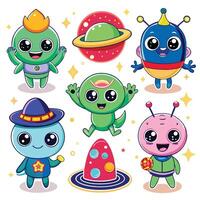 cartoon alien characters set with different colors vector
