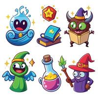 cartoon characters with various magical items vector