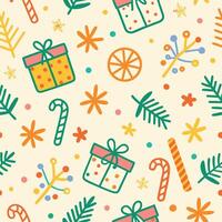 christmas seamless pattern with presents, candy canes and other items vector