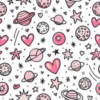 seamless pattern with pink hearts and planets vector