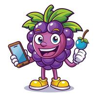 a purple grape character holding a smart phone and a blueberry vector