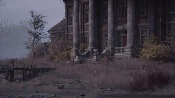 Abandoned estate with columns and overgrown surroundings in a misty atmosphere video