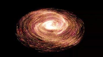 Futuristic abstract golden galaxy. Many small luminous particles move in a circle forming a single space video