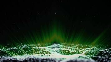 Green abstract glowing energy field made of particles moving towards the camera with blur effect. Background video