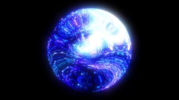 Glass glowing magic ball with blue energy inside. Background. 3d sphere with particles and space video