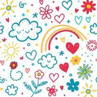 seamless pattern with flowers, hearts, sun, clouds and rainbows vector