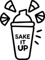 Floating cocktail shaker with fruit slices forming a burst with Shake It Up text vector