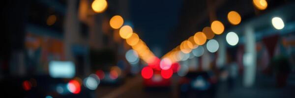 Vibrant city lights illuminate a busy street at night with colorful bokeh effects and moving cars creating a lively atmosphere photo