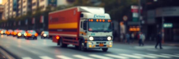 Delivery truck navigating a busy city street during evening rush hour traffic photo