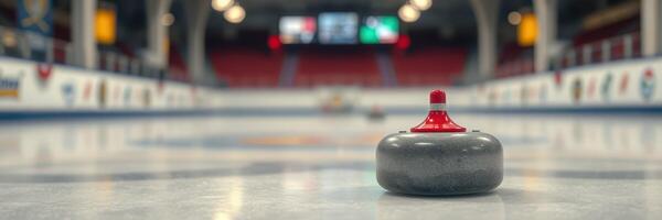Curling stone positioned on ice at a sports arena during a curling match photo