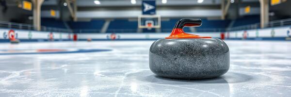 Curling stone resting on ice in an empty indoor curling arena during a competition preparation photo