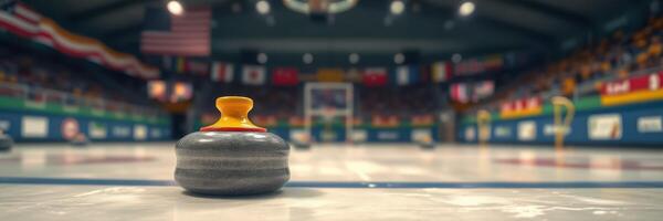 Competitive curling match takes place in an indoor arena filled with flags and spectators photo