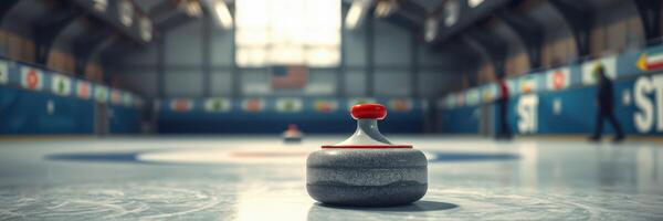 Curling stones on ice in a sports arena during a competitive match capturing the intensity of the game photo