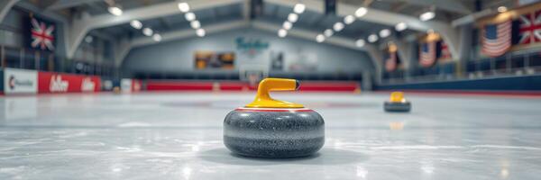 Curling stones on an ice rink during a competitive match in a sports facility photo
