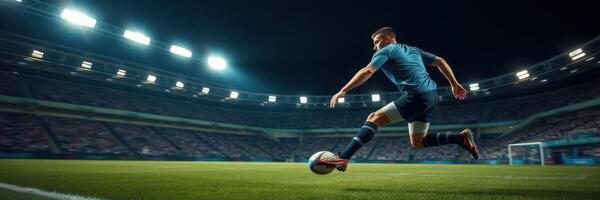 Soccer player kicks ball during a night match in a packed stadium with bright lights illuminating the field photo